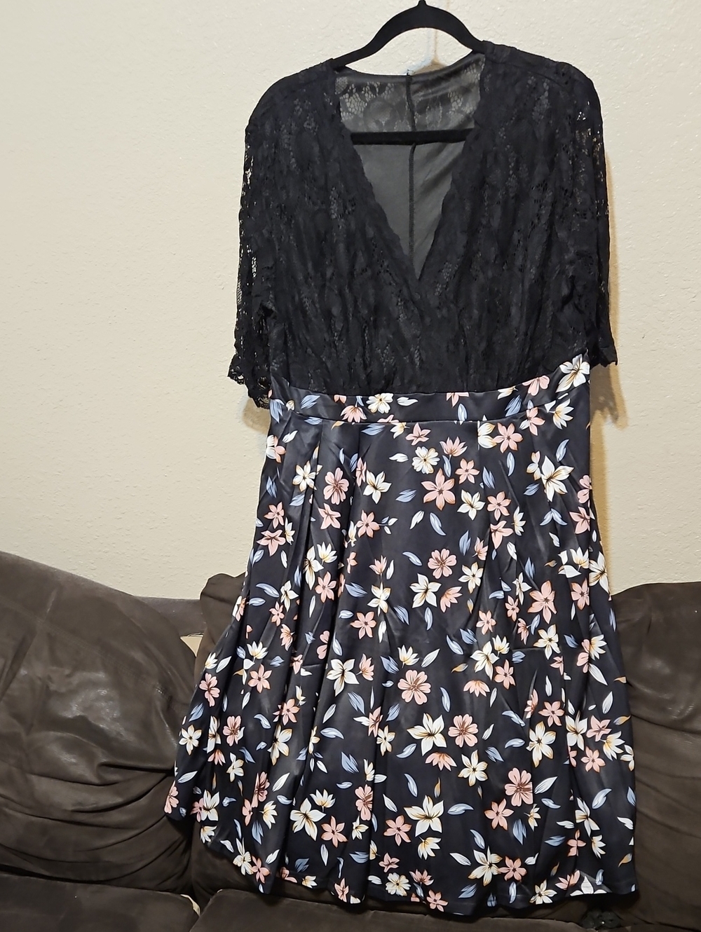 Pinup Couture Black Lace Top Midi Dress with Pink & White Floral Skirt